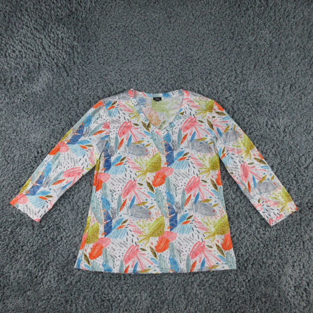 Shana Shirt Womens Small White Blue Geometric Wearable Art Pullover 3/4 Sleeve